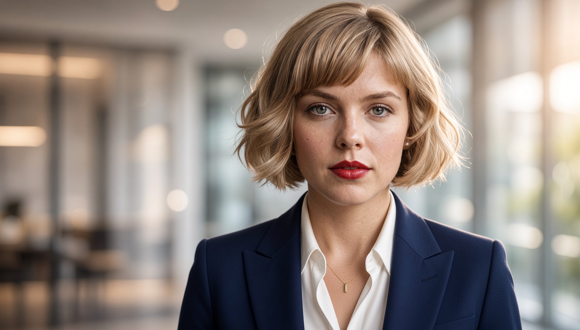 Amanda Girard: short wavy blonde hair, red lipstick, navy blazer, in a bright office