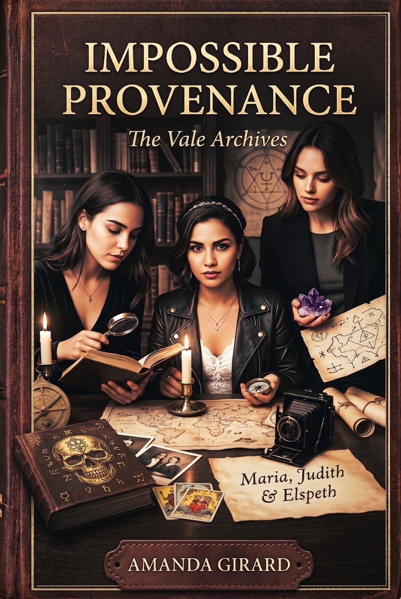 Cover of Impossible Provenance: The Vale Archives by Amanda Girard. Maria, Judith and Elspeth examine a book, a compass and an amethyst among maps, tarot cards and an old camera.
